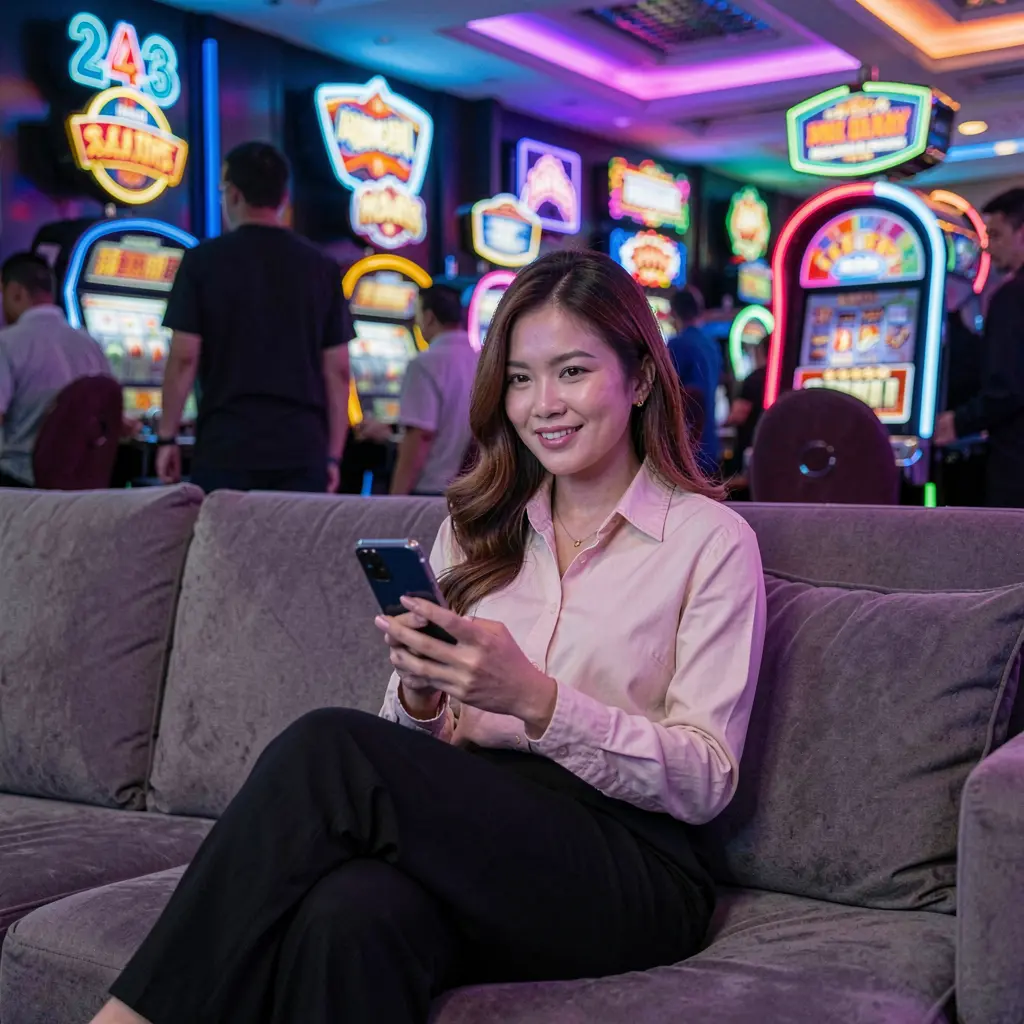ANGSAYA App – A seamless and modern mobile casino experience for players in the Philippines Confident Filipino woman checking the ANGSAYA casino app on her phone with bright neon casino icons glowing behind her