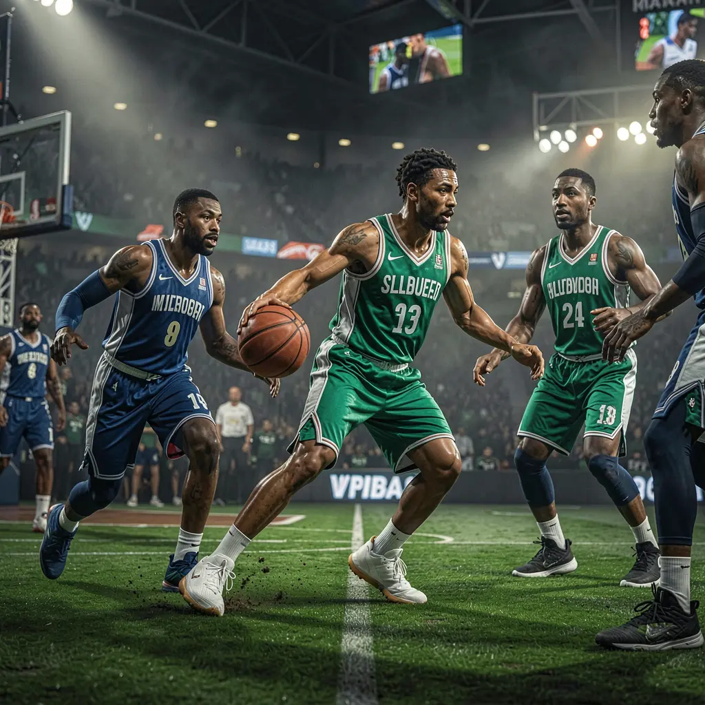 Intense basketball game moment with players reaching for the ball under bright stadium lights highlighting the excitement of sports betting with ANGSAYA in the Philippines