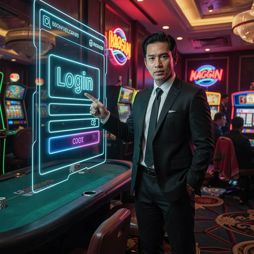 Confident Filipino casino professional pointing at a futuristic digital login interface inside the ANGSAYA platform for secure access in the Philippines