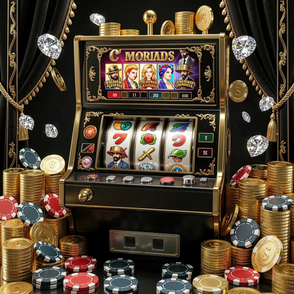 Elegant slot machine with golden reels and lucky sevens surrounded by coins and casino chips showcasing the luxury casino experience of ANGSAYA slots in the Philippines